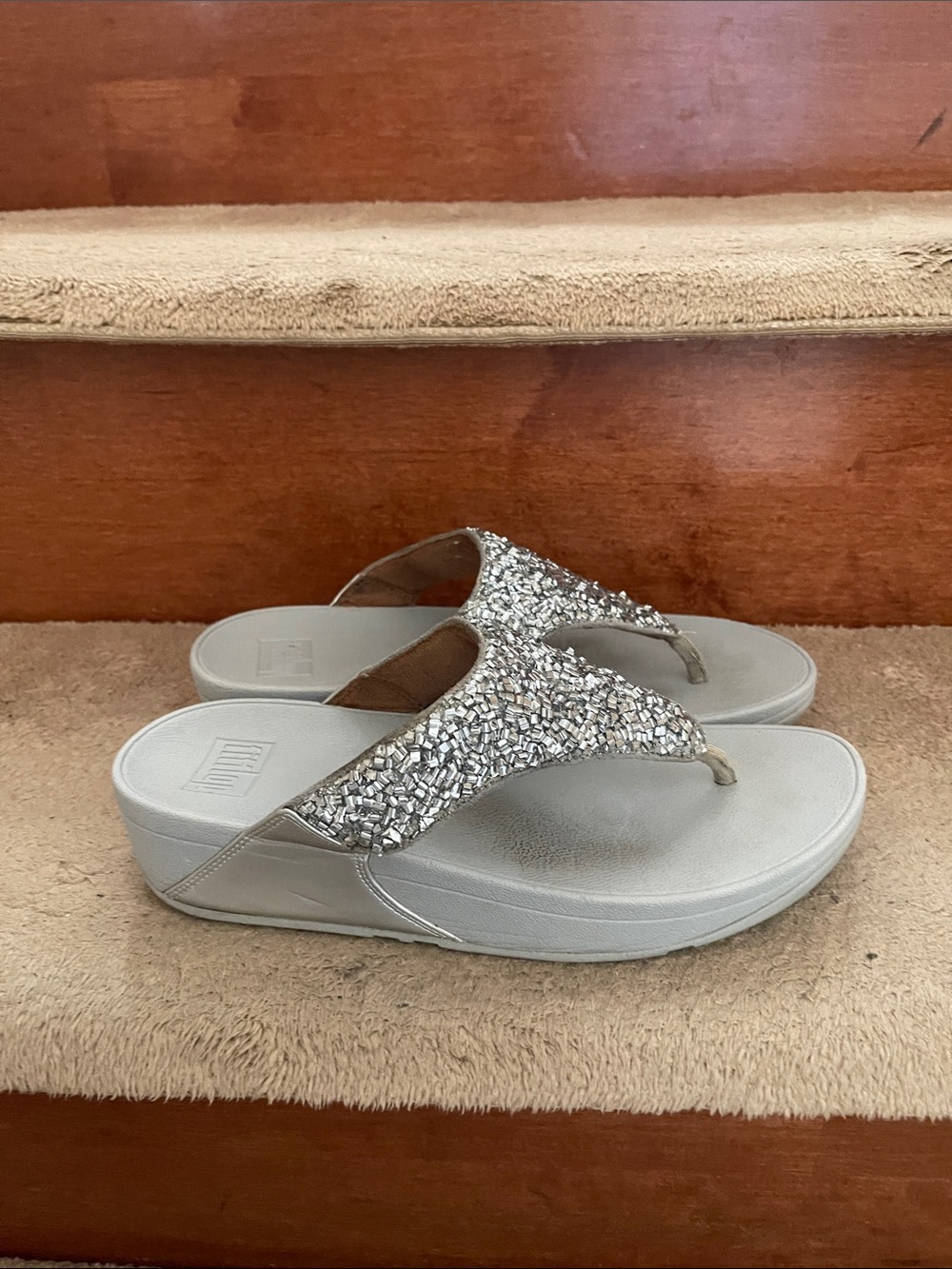 FitFlop Silver Beaded Wedge Thong Sandals